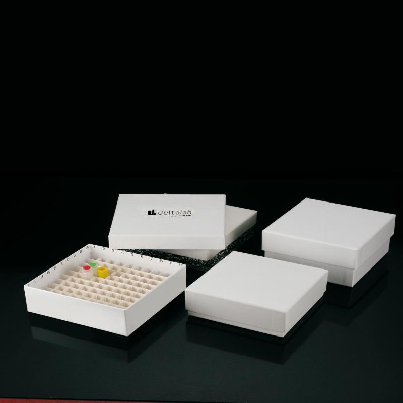 Штатив для кріопробірок ДЕЛЬТАЛАБ на 100 гнізд (150x150x55 мм) з пронумерованими гніздами, картонний з кришкою для зберігання заморожених біологічних зразків